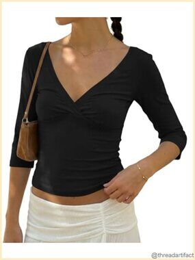 Women 3/4 Sleeve Wrap V Neck Crop Top Open Back Slim Fit Y2K Summer Tee
